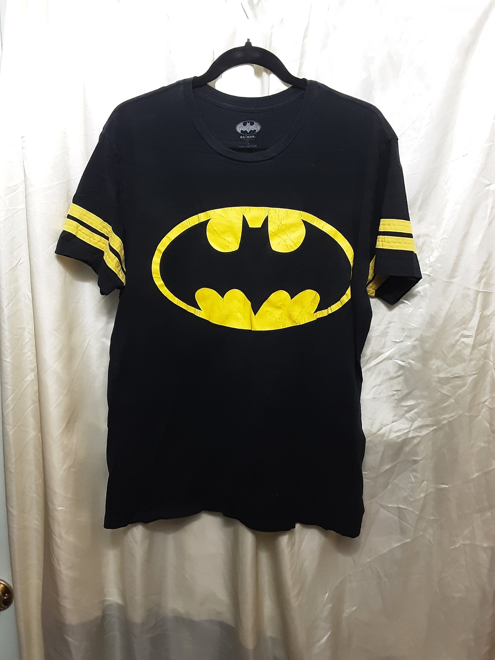 Batman Men's Black Tee with Yellow Logo and Sleeve Stripes